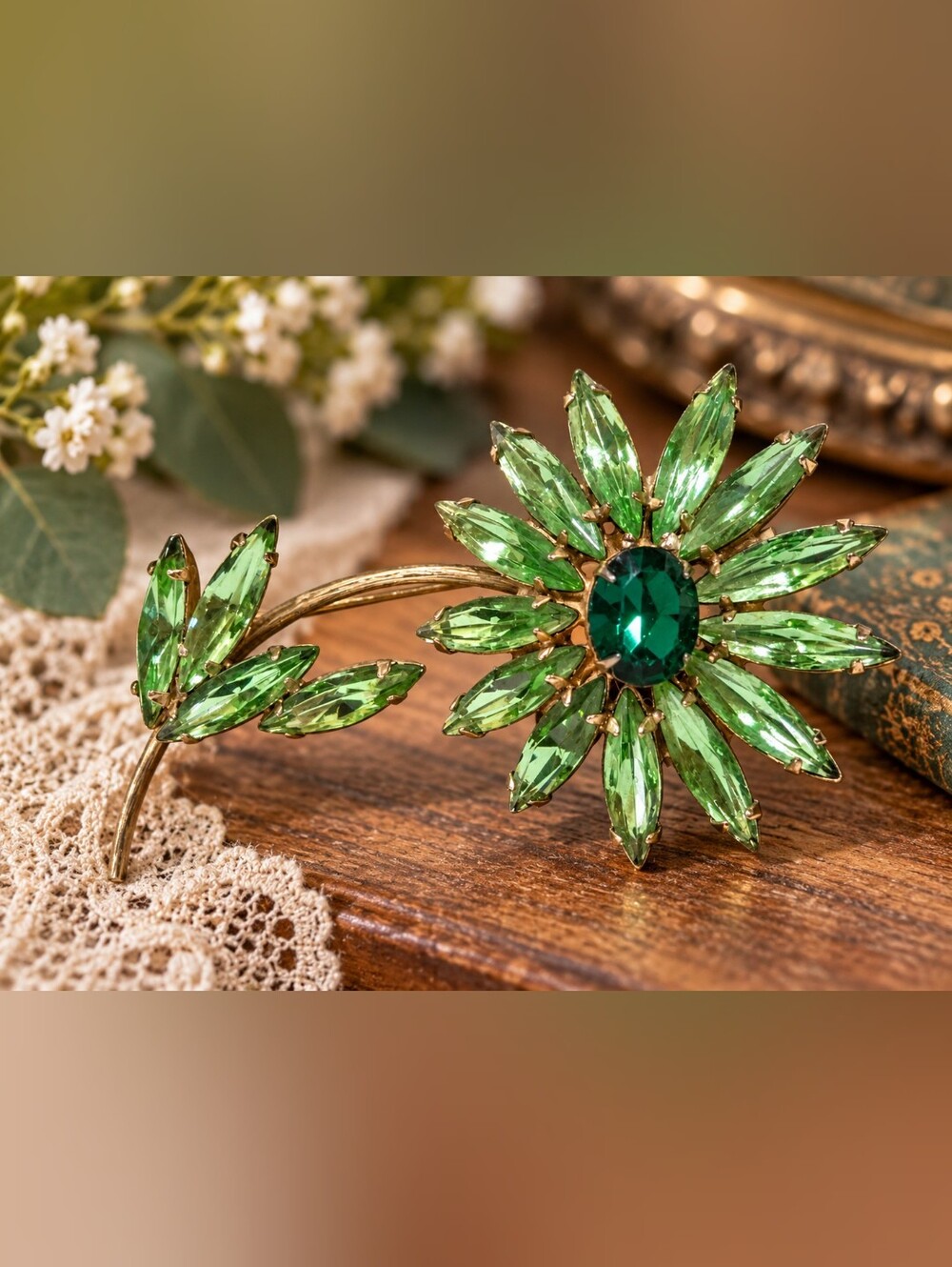 Vintage Schreiner Green Rhinestone Flower Spray Brooch Pin Unsigned